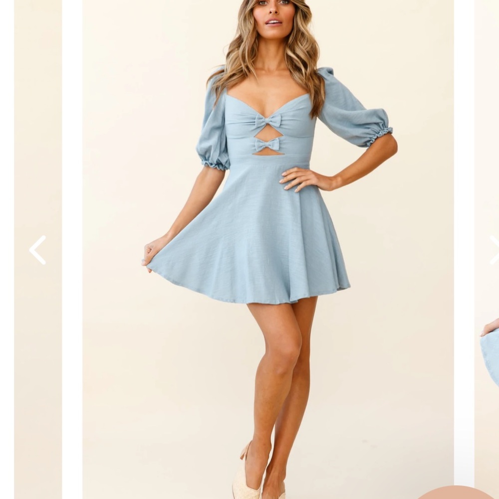 PUFF SLEEVE BOW DETAIL DRESS BLUE